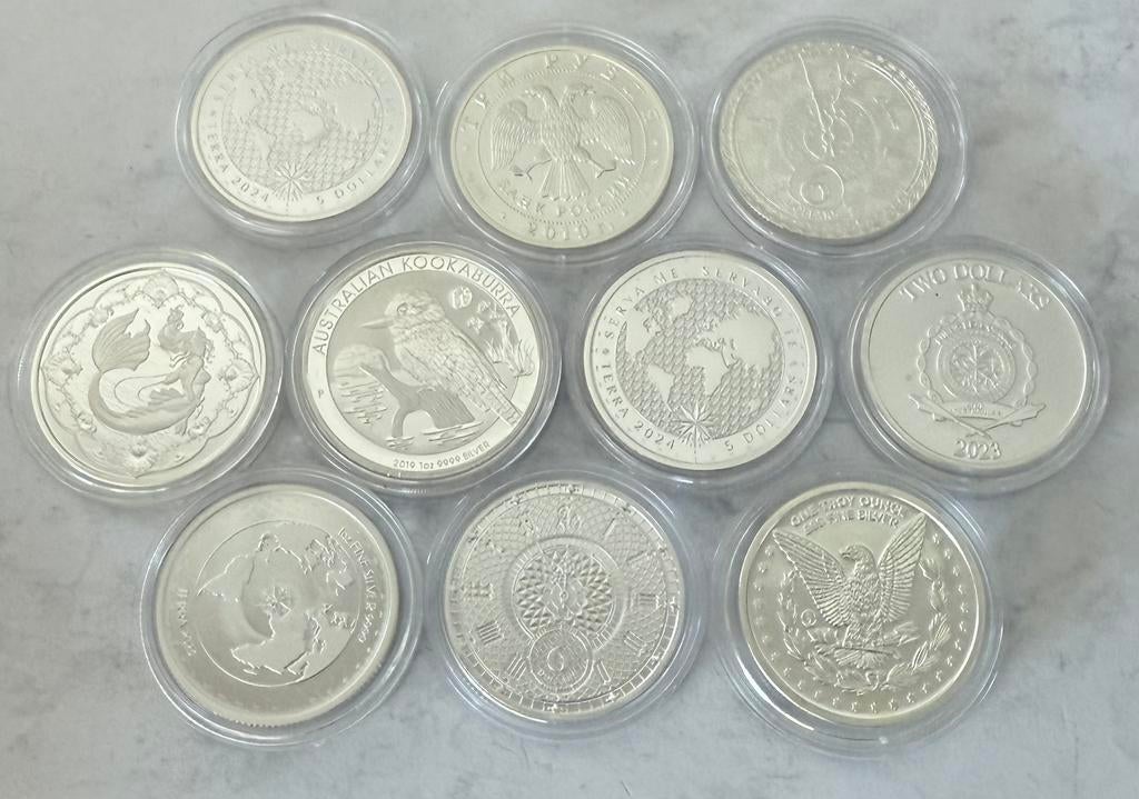 10x 1 oz zilver mix lotje Equilibrium / Kookaburra / Chronos, Postzegels en Munten, Edelmetalen en Baren, Ophalen of Verzenden