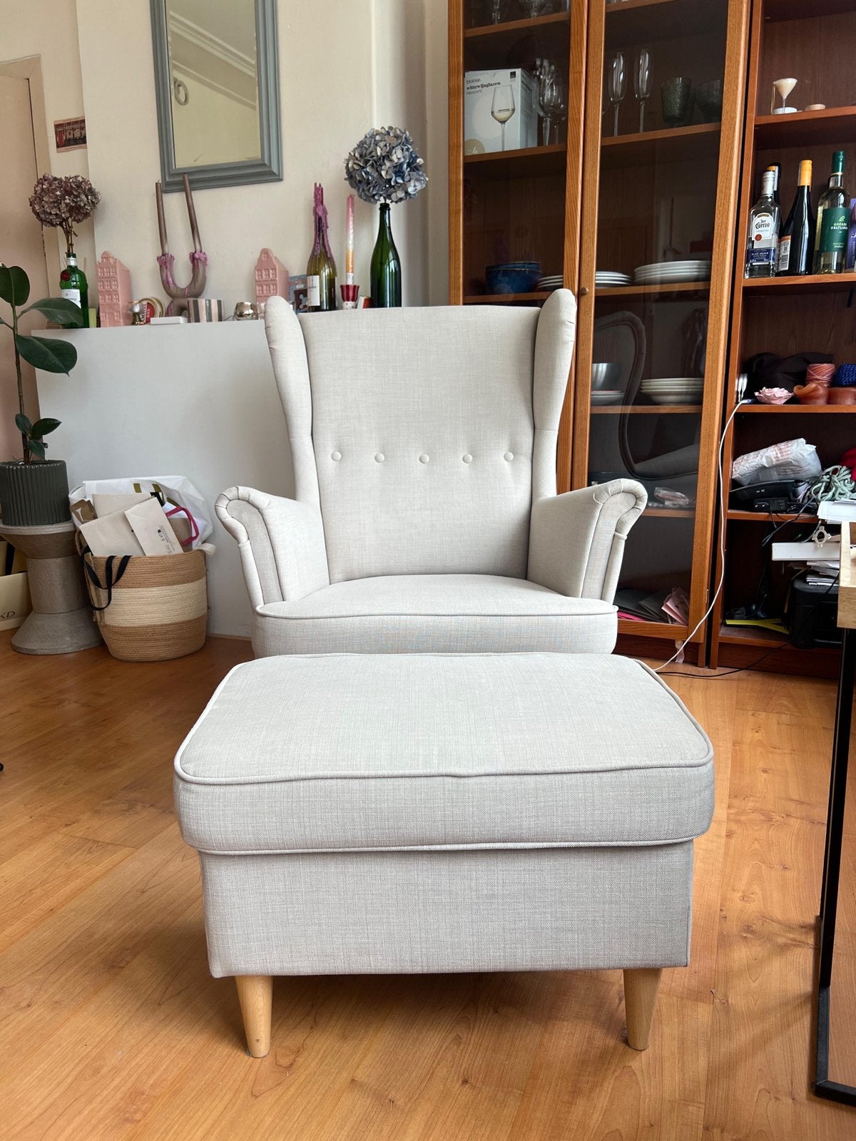 IKEA STRANDMON Fauteuil met voetenbank - Zo goed als nieuw, Ophalen, Zo goed als nieuw, Stof, 75 tot 100 cm