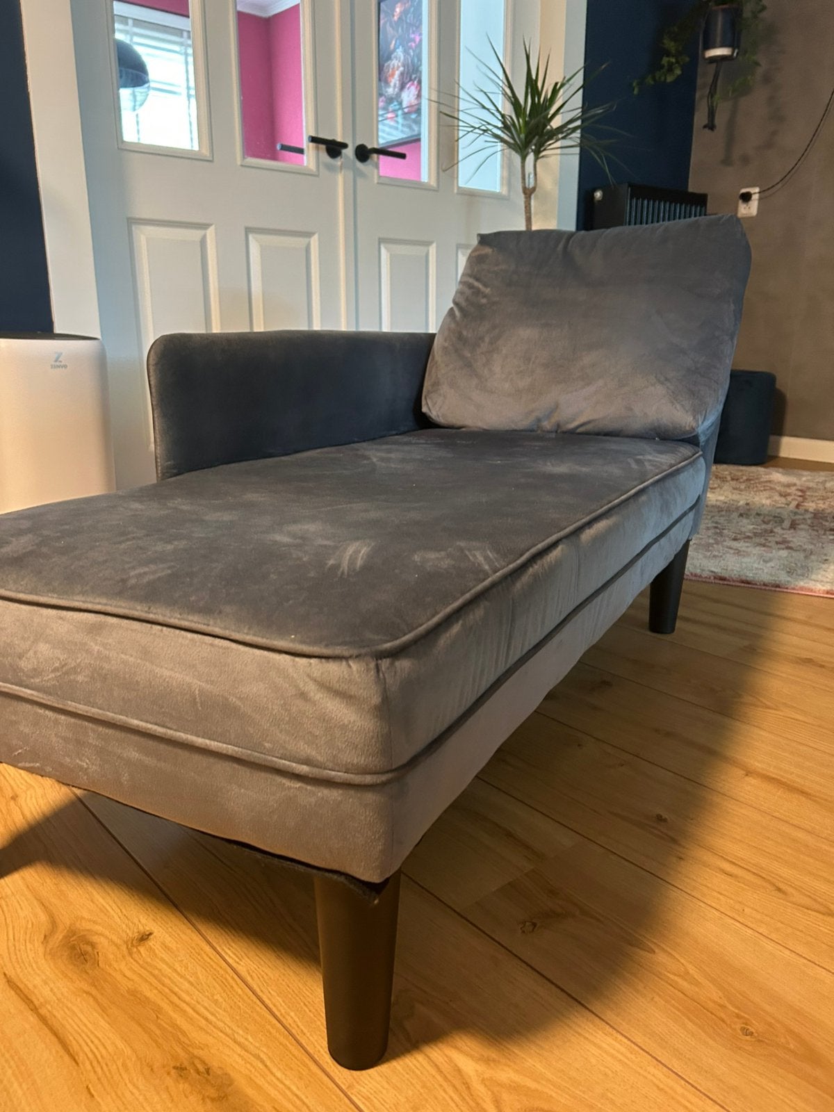 Dokergrijs fluweel chaise longue, Ophalen, Gebruikt, Eenpersoons, Minder dan 75 cm