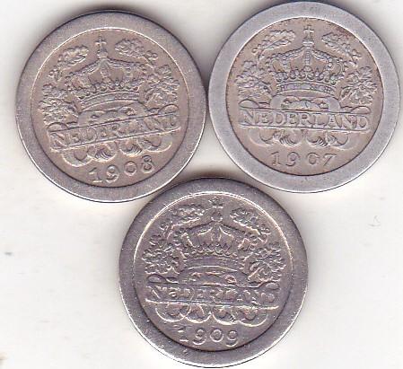 RONDE STUIVERS 1907 - 1908 - 1909 €, Ophalen of Verzenden, Koningin Wilhelmina