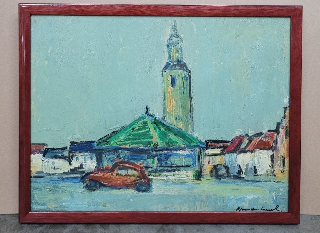 Karel Jan VAN DEN HEUVEL, de rode auto, Ophalen, Paneel, Expressionistisch, Olieverf