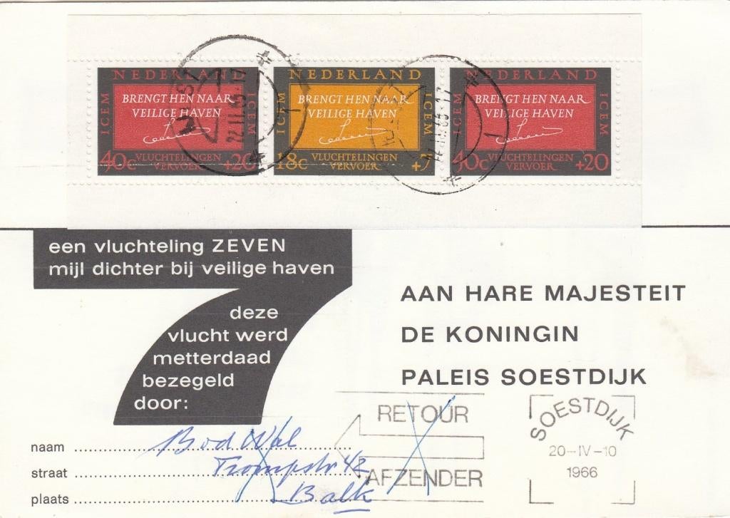 Nederland blok 858 ICEM 1966 op kaart Soestdijk 20-IV-1966, Postzegels en Munten, Ophalen of Verzenden, Briefkaart