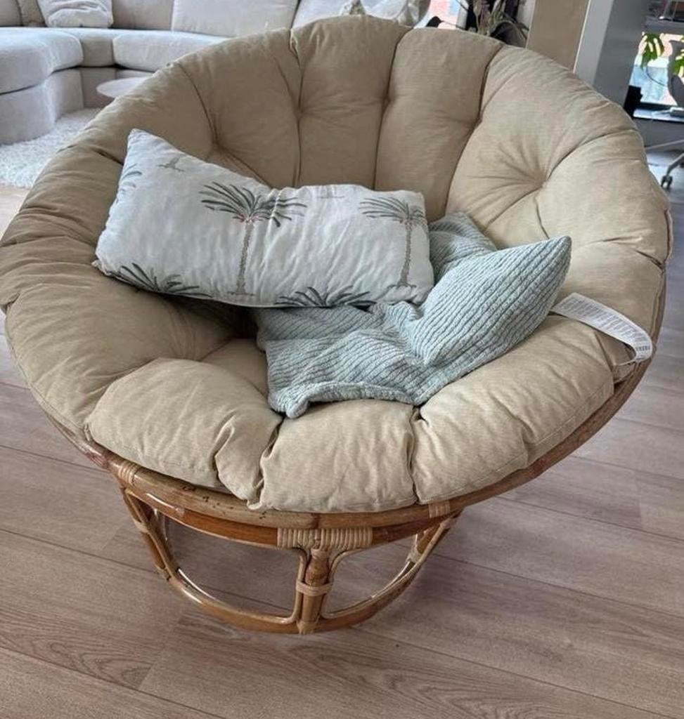 Nieuwe Papasan stoel met crèmekleurig kussen -balcony chair, Ophalen, Nieuw, Riet of Rotan, 75 tot 100 cm