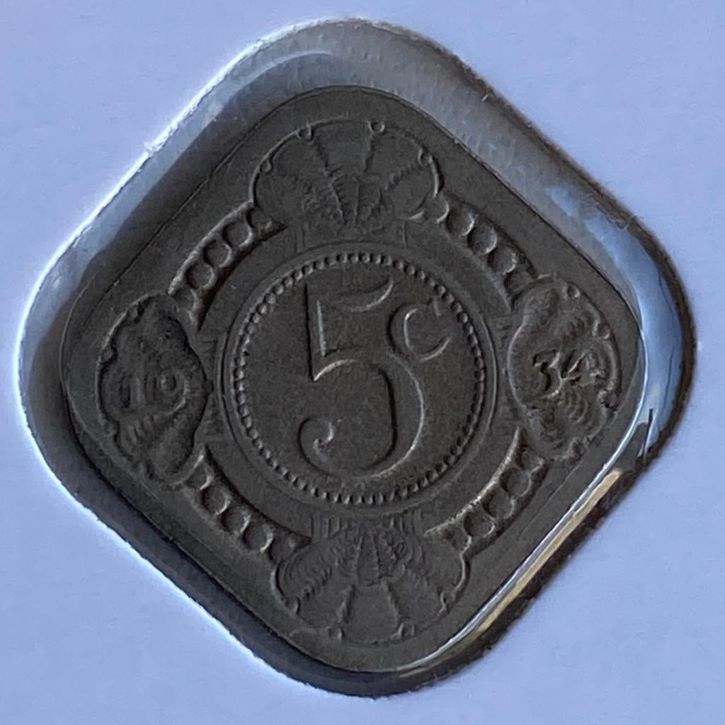 5 Cent / Vierkante Stuiver uit 1934 van Wilhelmina, Postzegels en Munten, Munten | Nederland, Verzenden, Koningin Wilhelmina, 5 cent