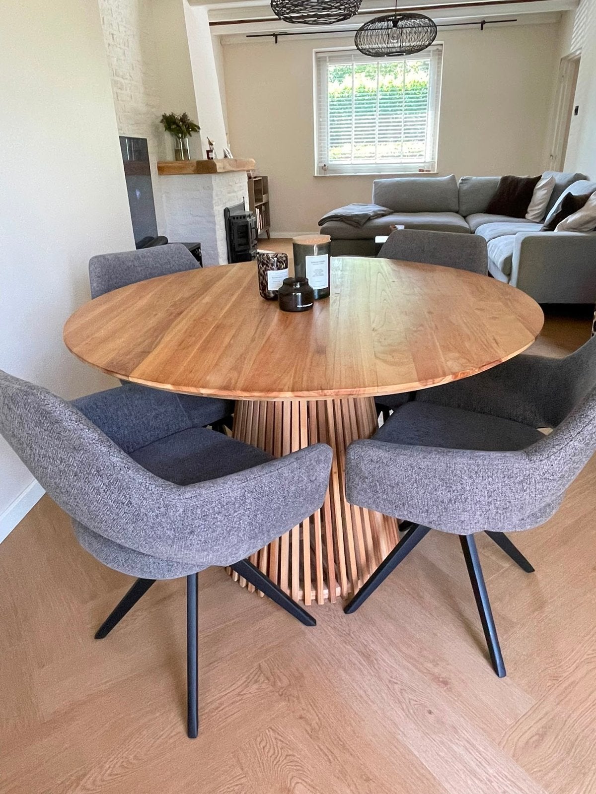 Ronde eettafel 120cm met houten blad en lattenvoet, Ophalen, Gebruikt, 100 tot 150 cm, Rond