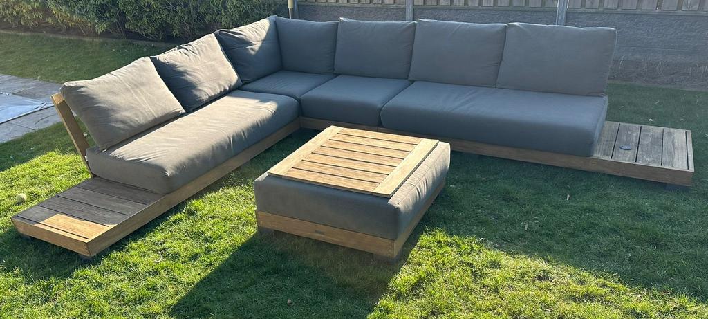 Luxe Teakhouten Loungeset Hoekopstelling Life Style 5-delig, Ophalen, Gebruikt, Bank, Teakhout