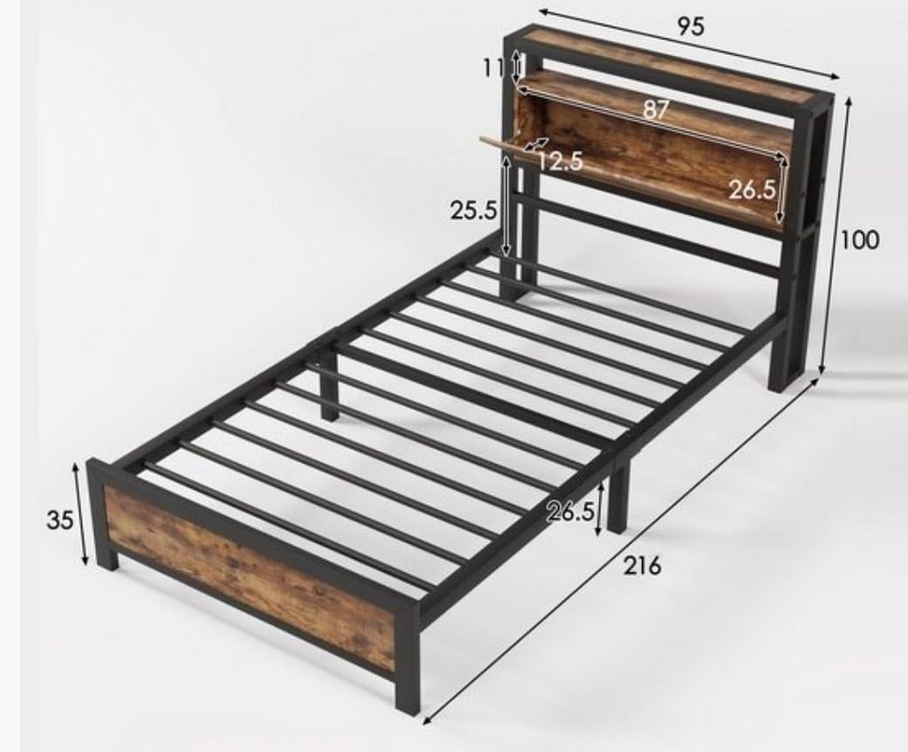 Eenpersoonsbed met opbergruimte - Industrieel design, 90 cm, Eenpersoons, Zwart, Nieuw