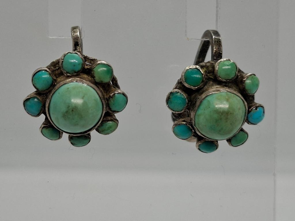 Vintage Zilveren Schroef Oorbellen met Turkoois - Navajo Sti, Blauw, Ophalen of Verzenden, Met edelsteen, Knopjes of Stekers