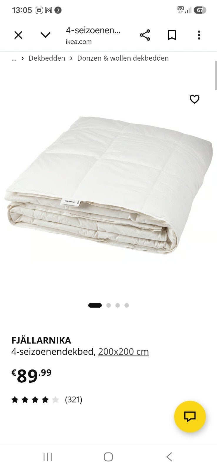 IKEA FJÄLLARNIKA 4-seizoenendekbed 200x200 cm, Gebruikt, Wit, Tweepersoons, Dons en Veren