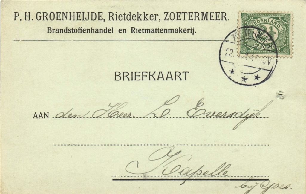 P.H. Groenheijde, Rietdekker, Zoetermeer - 01.1914 - briefka, Ophalen of Verzenden, Briefkaart