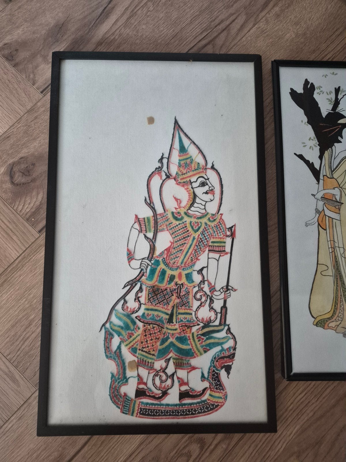 Set van 2 ingelijste Aziatische kunstwerken, Antiek en Kunst, Ophalen, Schilderij, Geschilderd, Papier/karton