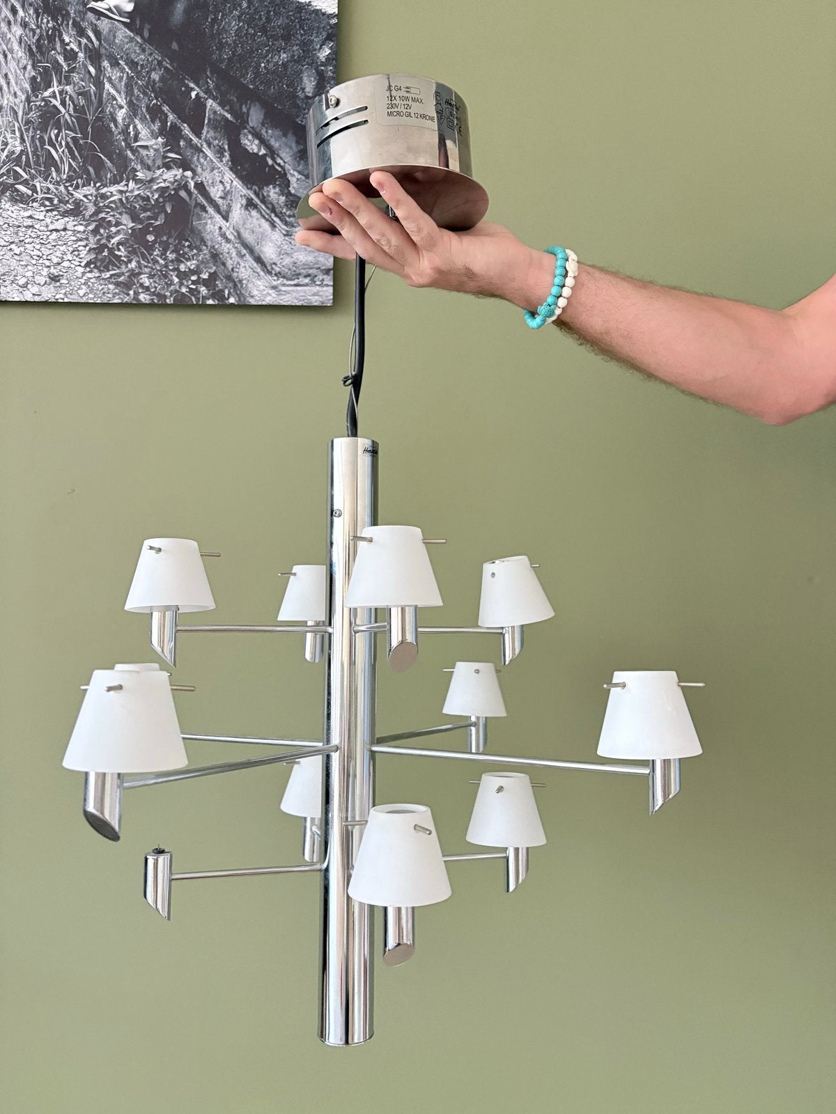 Moderne Kroonluchter met 12 Lichtpunten - Chroom & Wit, Ophalen, Zo goed als nieuw, Metaal, E14 (klein)