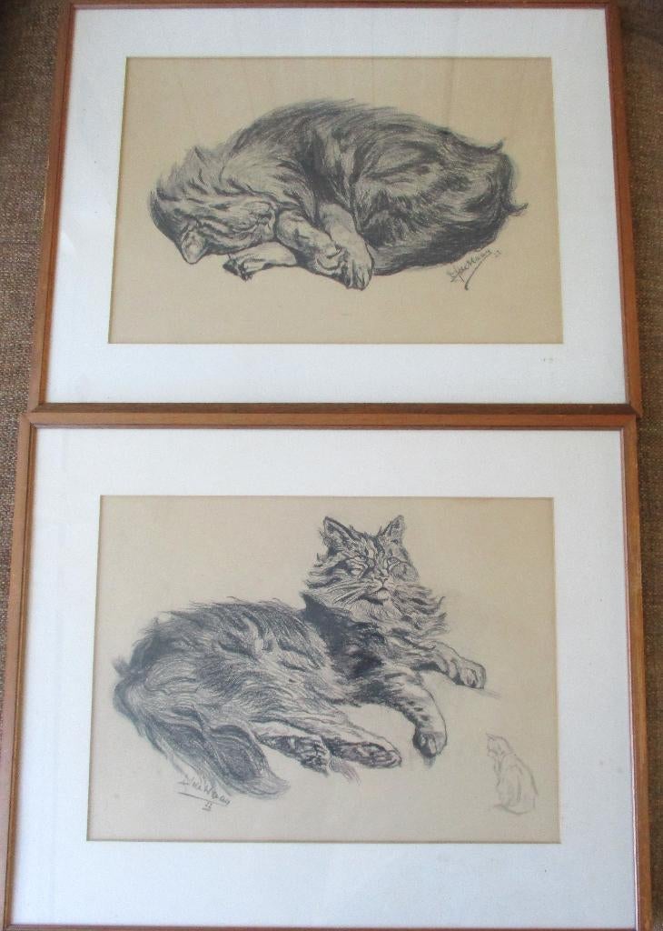 Twee poezen tekeningen gesigneerd J. de Haan 1922, Ophalen of Verzenden