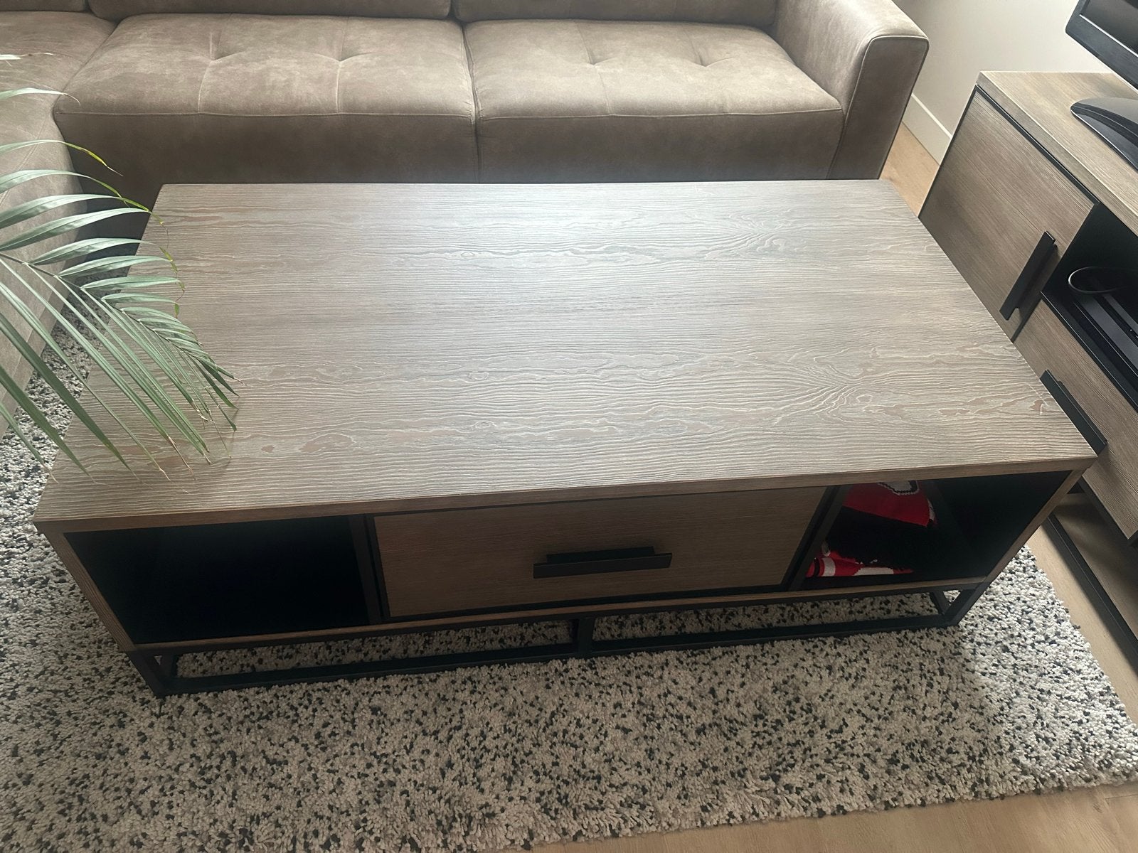 Haco Salontafel Old Pine Dark met lade en vakken, Ophalen, Gebruikt, 100 tot 150 cm, 50 tot 100 cm