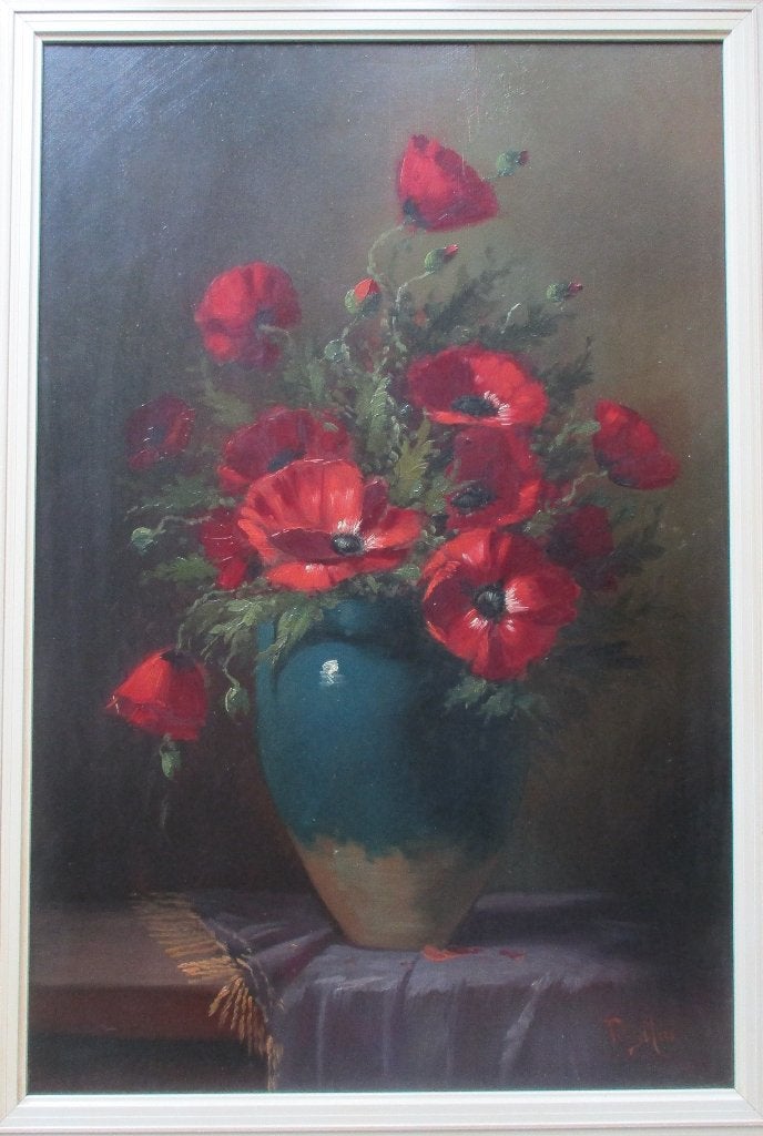Schilderij bloemstilleven papavers Tilly Moes (1899-1979), Paneel, Gesigneerd, Olieverf, Klassiek