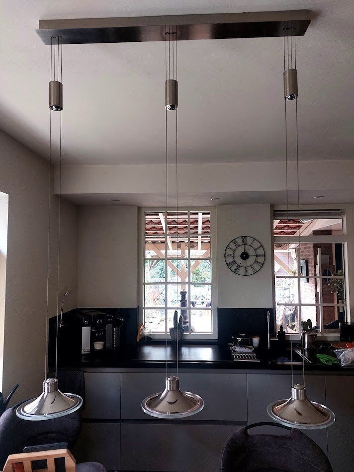 RVS Hanglamp Led met 3 st lampen in hoogte verstelbaar, Ophalen of Verzenden, Zo goed als nieuw, Glas