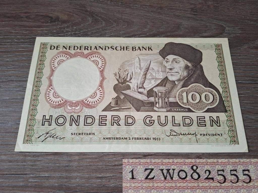 Zeldzaam invulserie biljet 100 gulden Erasmus, 1953, Ophalen of Verzenden, 100 gulden