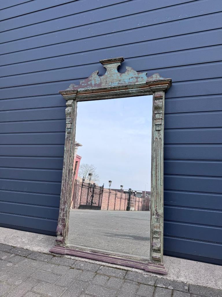 KaSpiegel met teakhouten lijst en verweerde groene patina, Huis en Inrichting, Woonaccessoires | Spiegels, Gebruikt, Ophalen of Verzenden