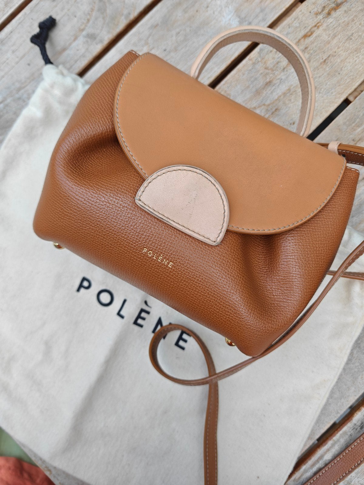 Polène Trio Caramel Edition Handtas, Sieraden, Tassen en Uiterlijk, Verzenden, Gebruikt, Bruin, Handtas