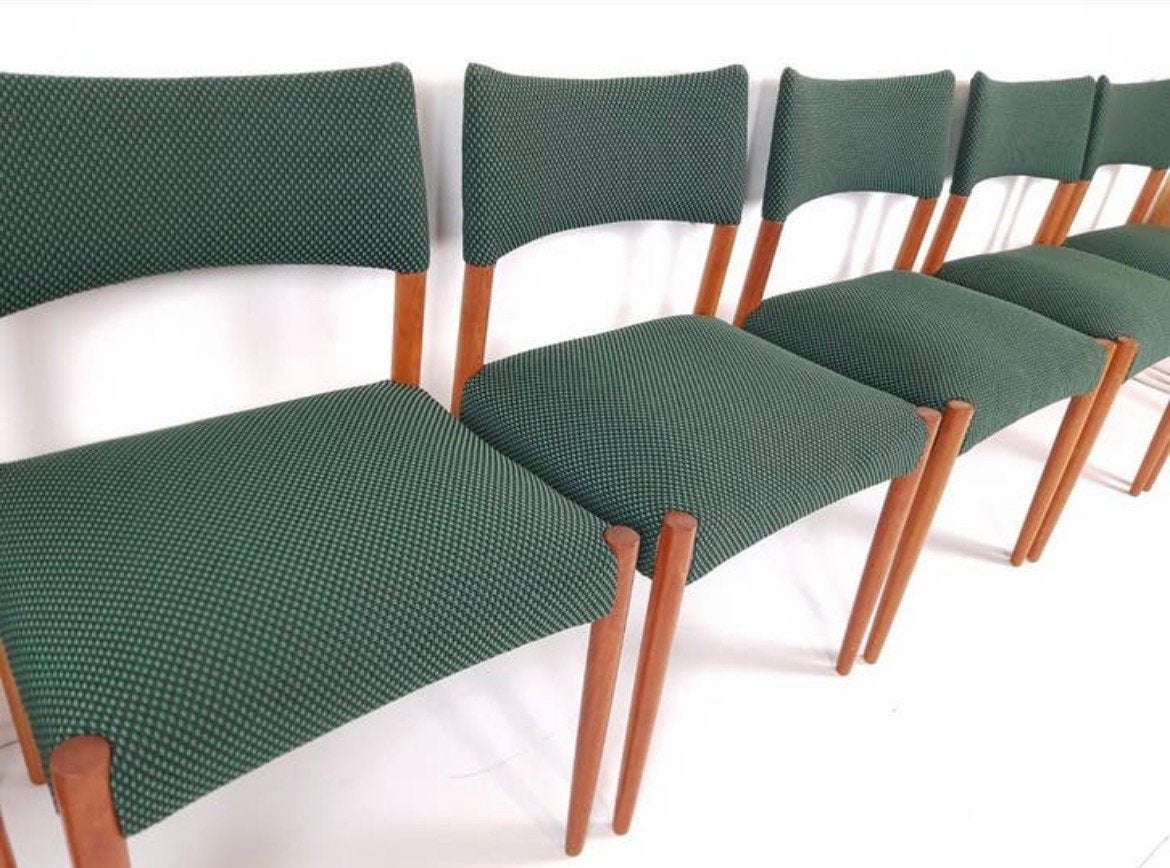 6 vintage Deense stoelen de ploeg stof groen | nieuwe stof, Overige kleuren, -, -, Ophalen of Verzenden