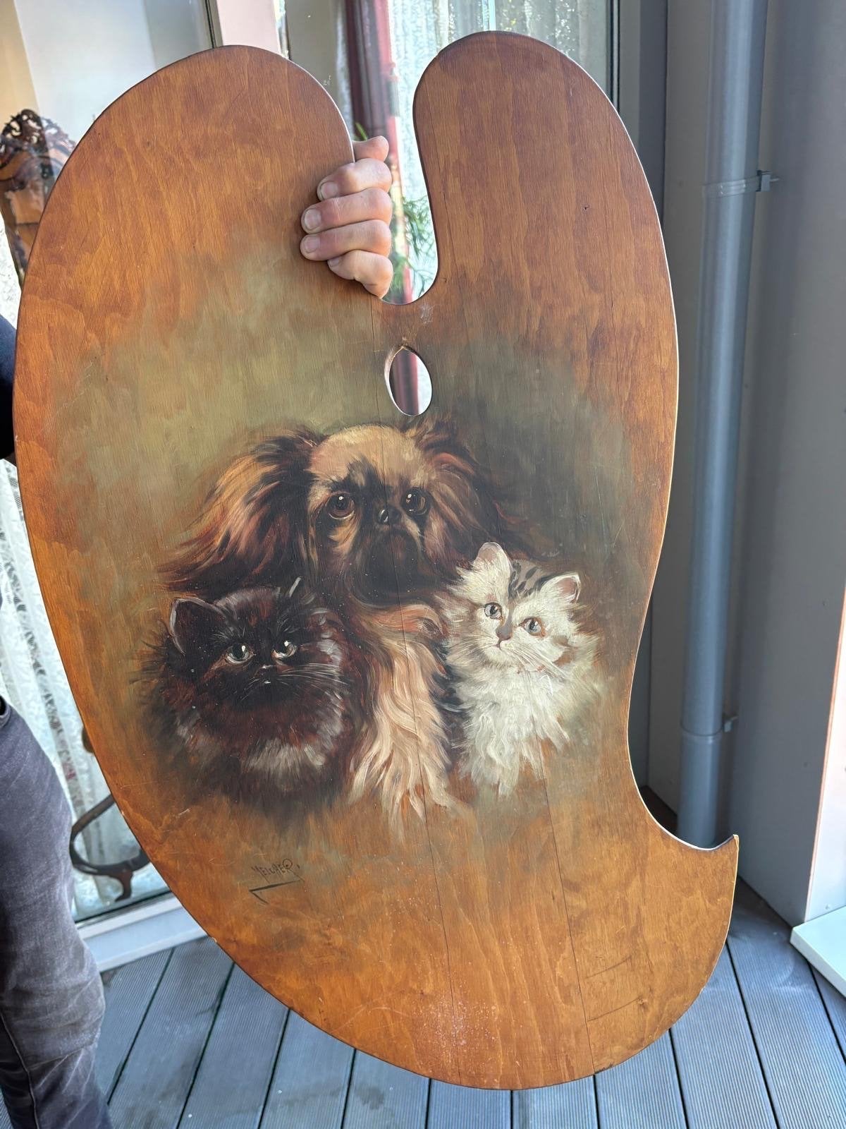 Uniek schilderij op palet: Hond en katten, gesigneerd, Realistisch, Overige ondergronden, Dieren, Ophalen of Verzenden