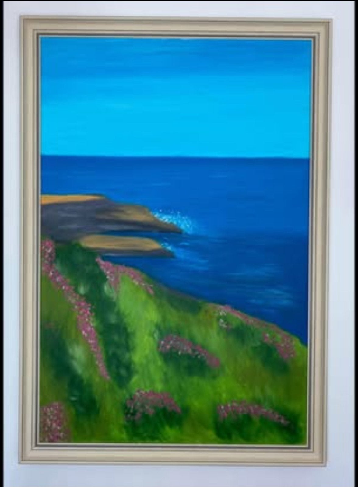 Schilderij: Kustlandschap met bloeiende heide, Antiek en Kunst, Handgeschilderd, Olieverf, Textiel, Landschap