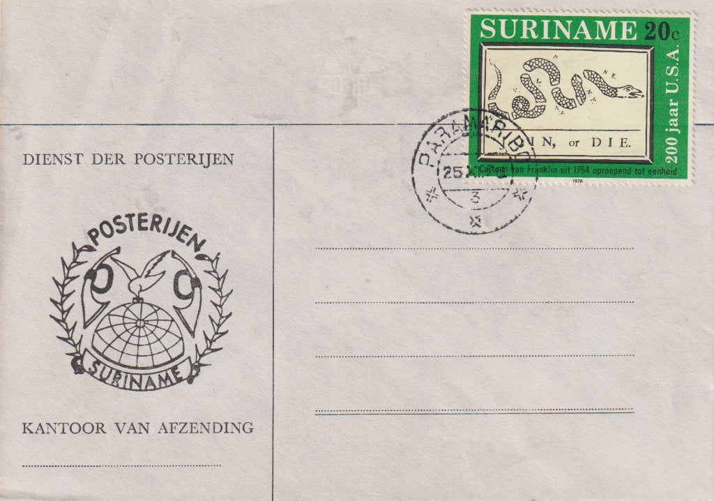 Suriname 1976 nr. 41, 200 jaar Amerika Posterijen, Postzegels en Munten, Verzenden, Envelop