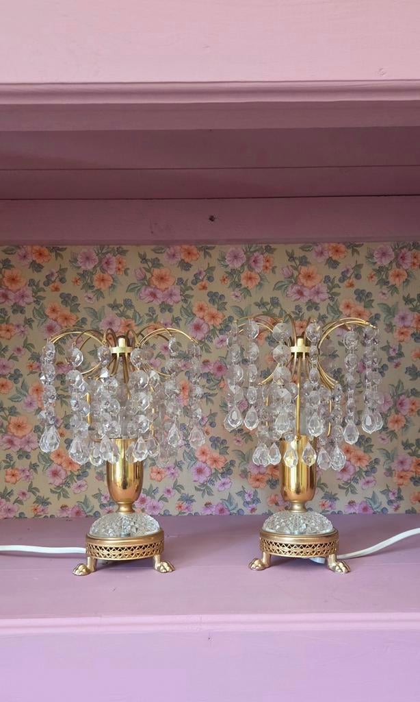 Set van 2 Hollywood Regency kristallen bedlampjes, Antiek en Kunst, Ophalen