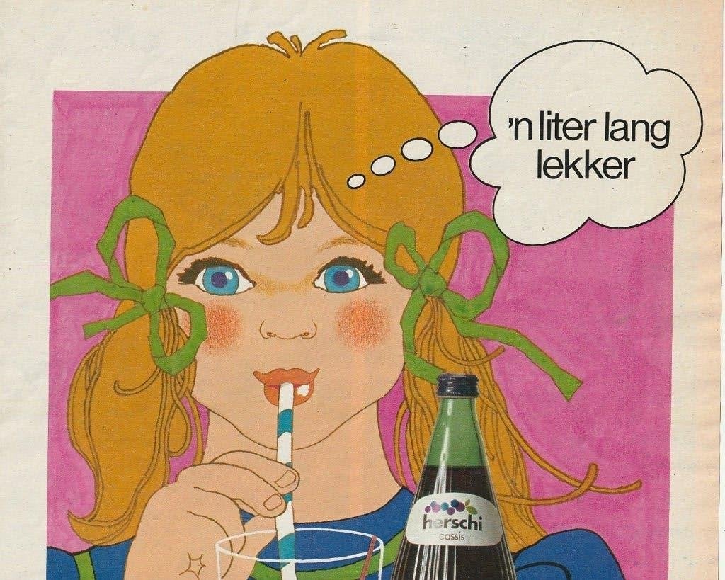 Retro reclame 1976 Herschi frisdrank meisje met rietje, Verzenden, Overige typen