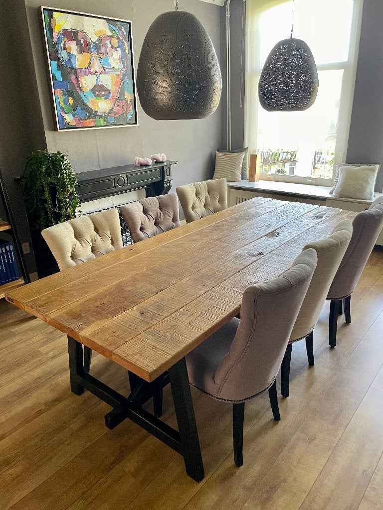 Robuuste eikenhouten eettafel (240x98cm) van "Lifestyle", Ophalen, Industrieel, robuust, landelijk, 200 cm of meer, 50 tot 100 cm