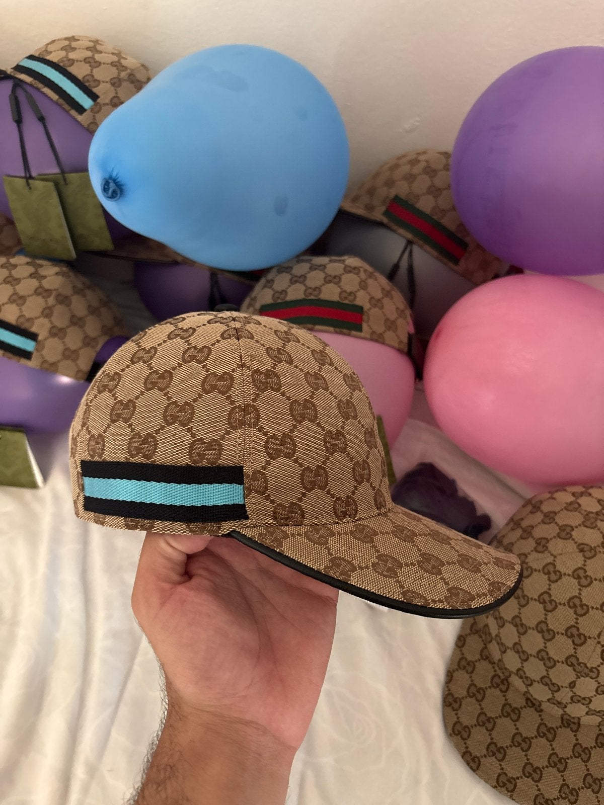 Gucci Pet met GG-monogram en blauwe/zwarte streep, Kleding | Heren, Hoeden en Petten, Ophalen of Verzenden, Zo goed als nieuw