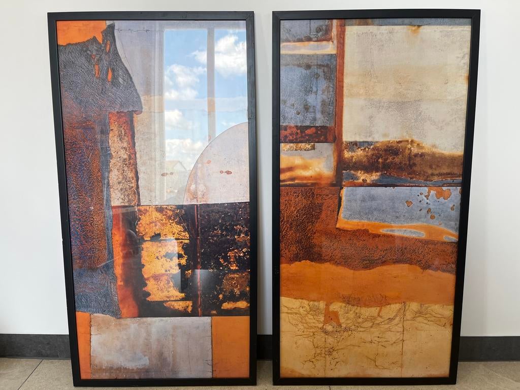 Twee abstracte schilderijen, één met beschadigd glas, Antiek en Kunst, Kunst | Schilderijen | Abstract, Ophalen