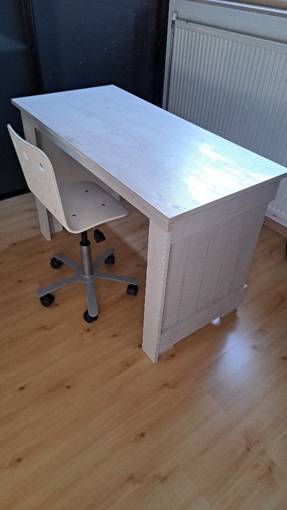 Bureau stoel en BureauTafel - 120x58x79 cm white wash, Gebruikt, Hout, Schoolbureau, Wit