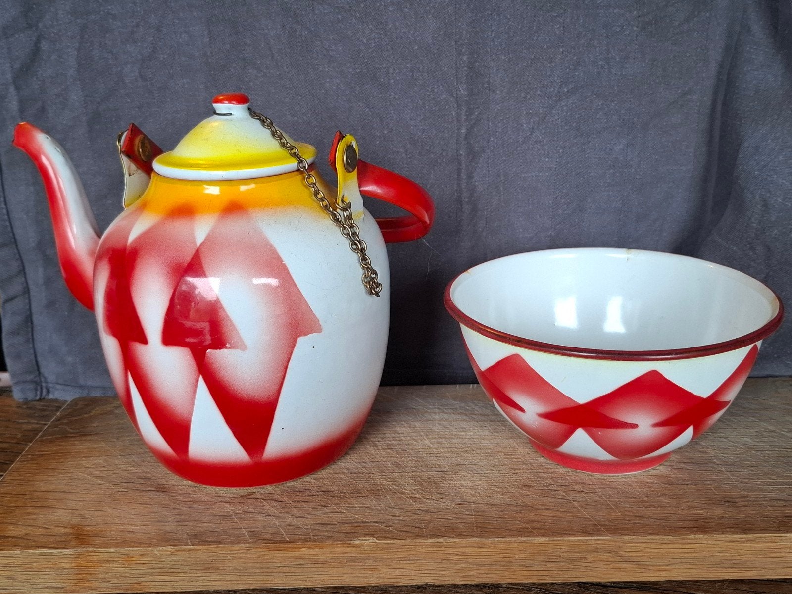 Vintage geëmailleerde theepot en kom - Bon Voyage, Ophalen of Verzenden