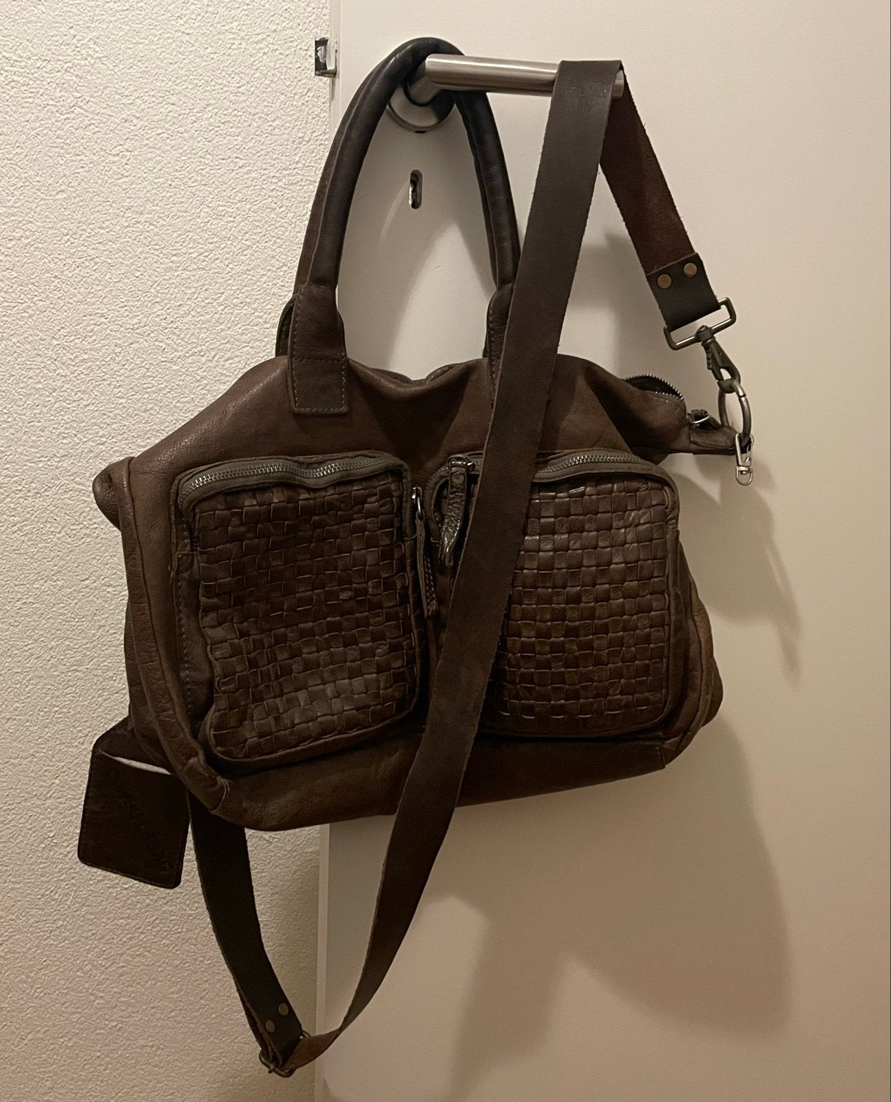 Cowboysbag tas chocoladebruin leer met gevlochten vakken, Ophalen of Verzenden, Zo goed als nieuw, Bruin, Handtas