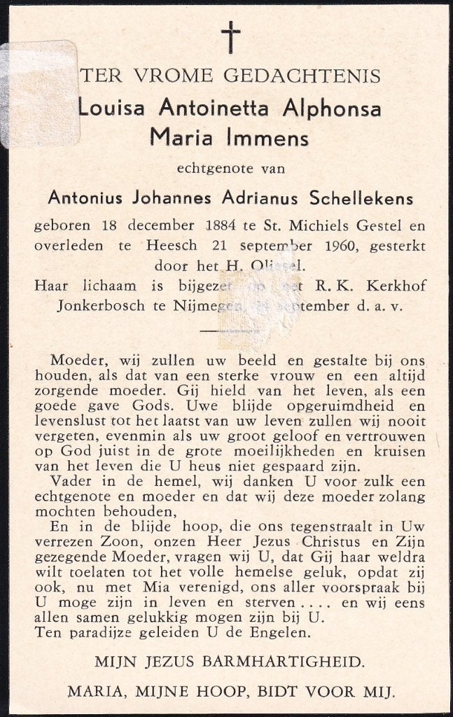 Immens Louisa  1884 St Michielsgestel 1960 Heesch, Ophalen of Verzenden, Bidprentje