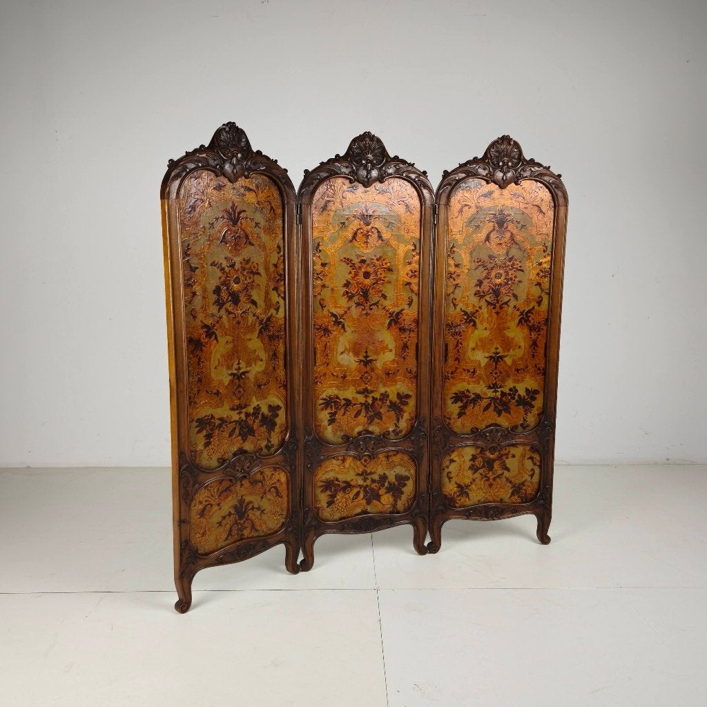 Verguld leren kamerscherm met rijk snijwerk, ca. 1860, Ophalen of Verzenden