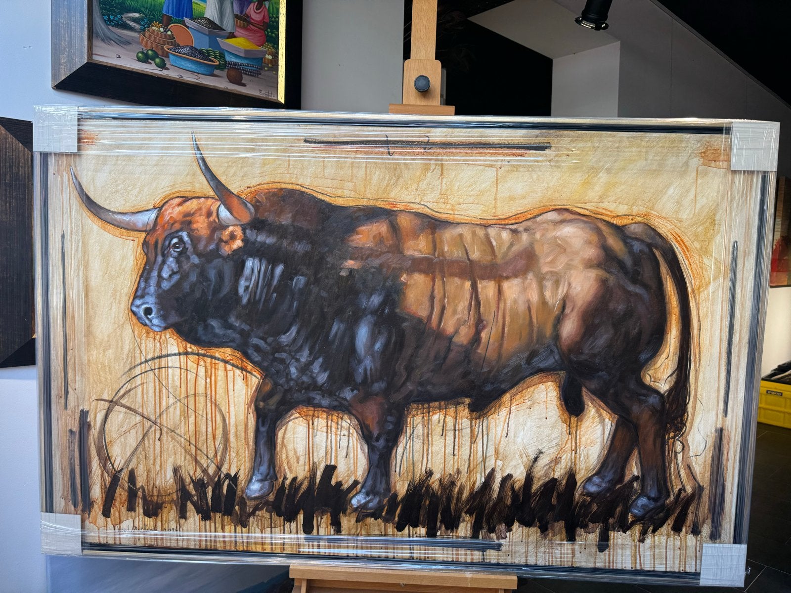 Nico Vrielink - groot  schilderij van een stier, Antiek en Kunst, Ophalen
