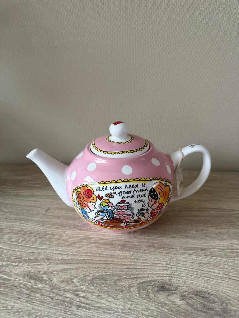 Blond Amsterdam theepot roze met stippen en illustratie, Zo goed als nieuw, Roze, Steen/keramiek, Ophalen
