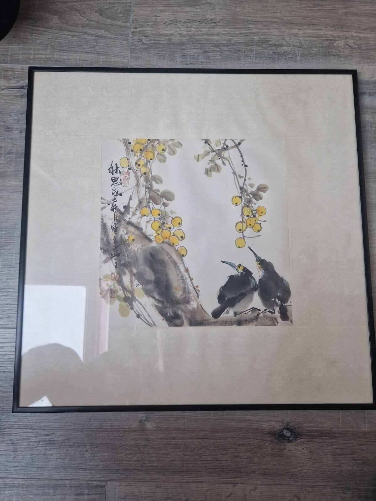 Ingelijste Chinese inkttekening met vogels en fruit, Ophalen of Verzenden