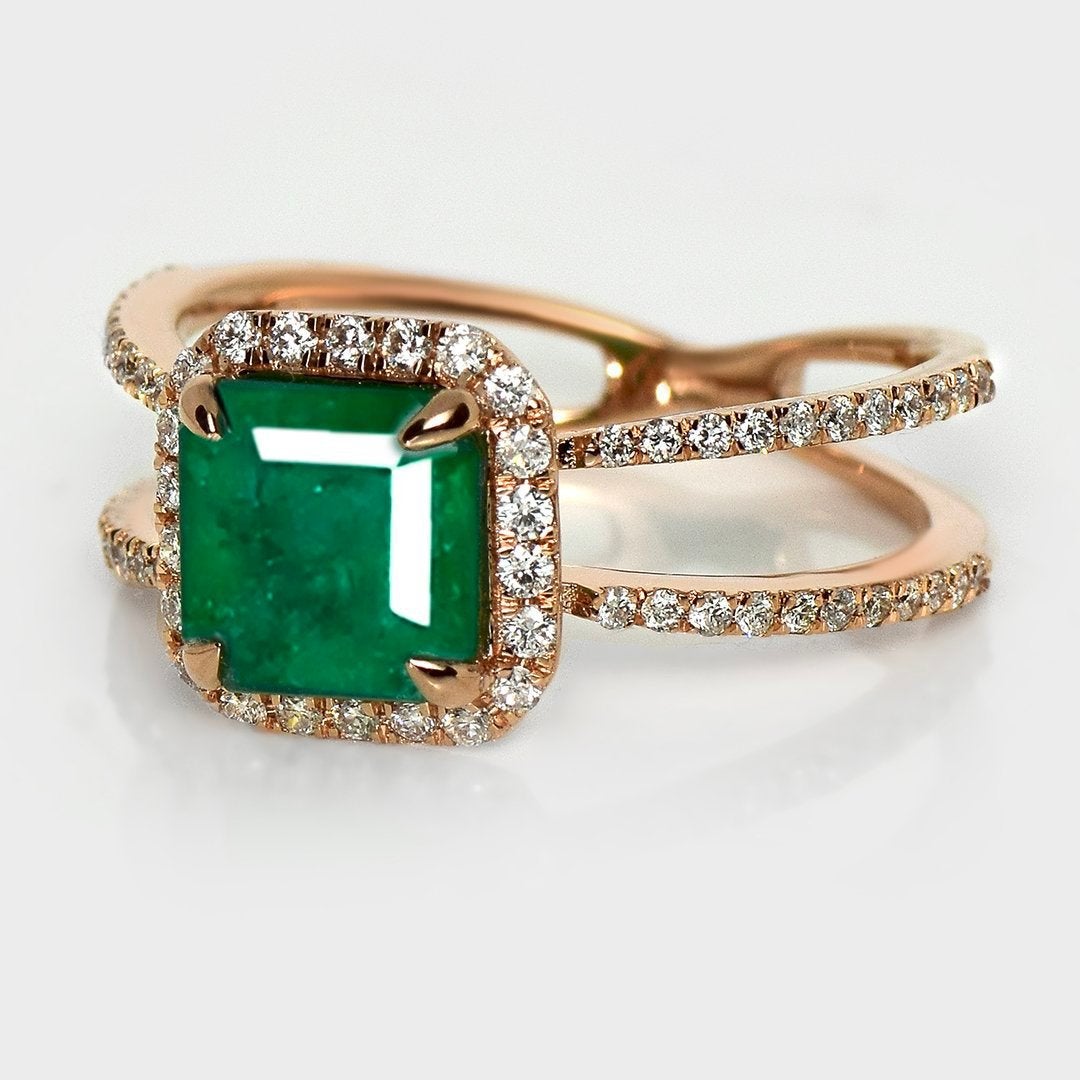 14K Roségoud | Natuurlijke Zambia Smaragd + Diamant IGI, Sieraden, Tassen en Uiterlijk, Ringen, Overige kleuren, Nieuw, Ophalen of Verzenden