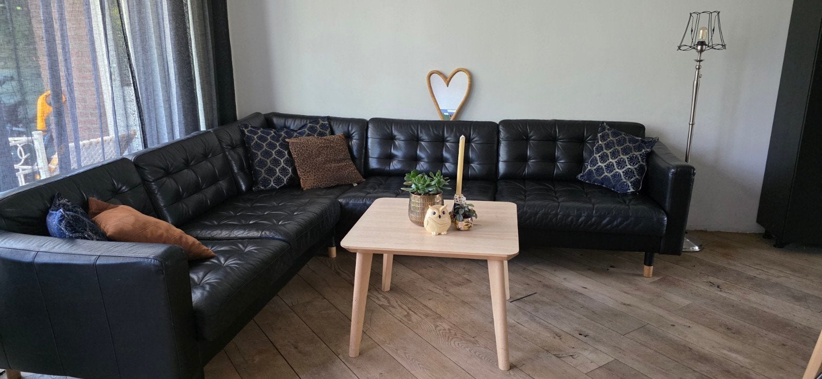 Ikea Landskrona zwarte leren hoekbank met diepe zit, Gebruikt, Hoekbank, 300 cm of meer, Ophalen of Verzenden