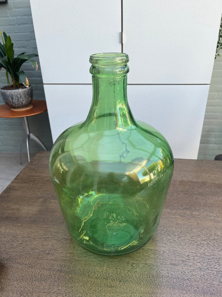 2 gistflessen of sierflessen  brocante, Ophalen, 44 cm, Gerecycled glas, Groen