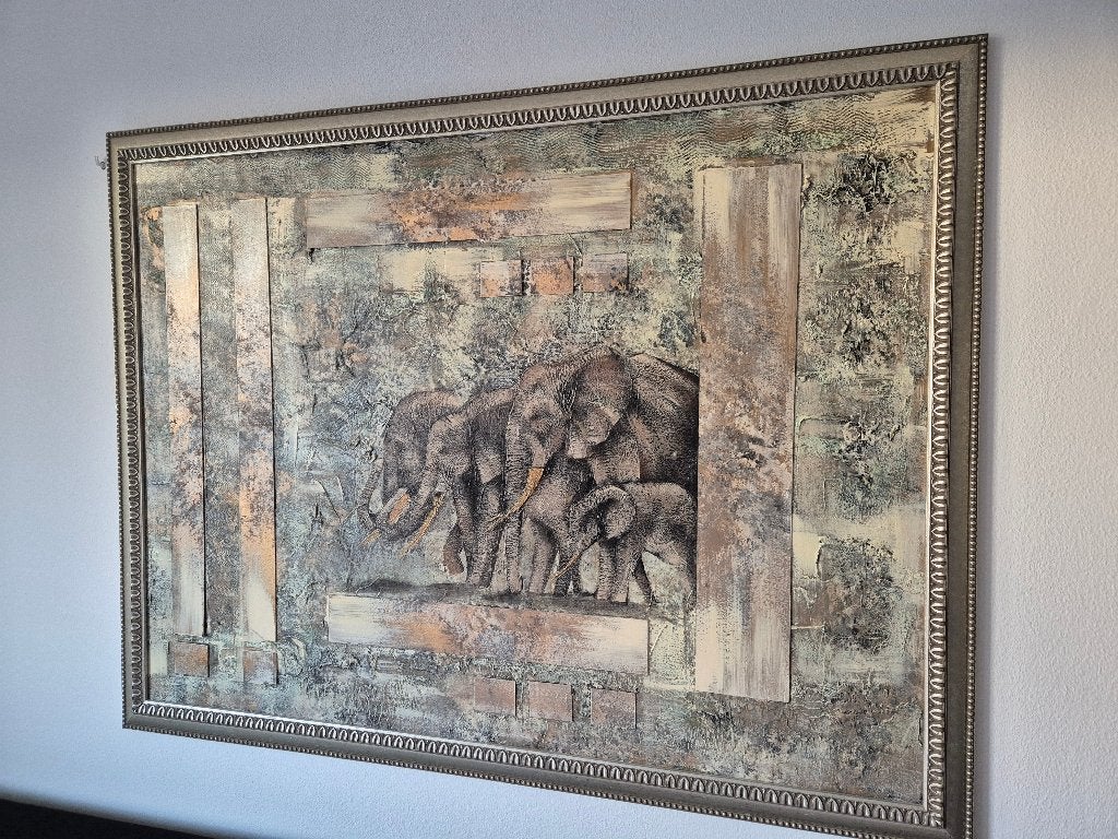 Schilderij olifanten (met relïef), Ophalen, Overige stijlen, Doek, Dieren