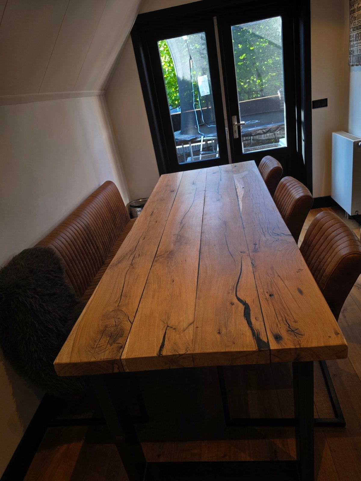 Zo goed als nieuwe industriële eethoek met bank en stoelen, Ophalen of Verzenden, Zo goed als nieuw, Industrieel, 6 tot 8 stoelen