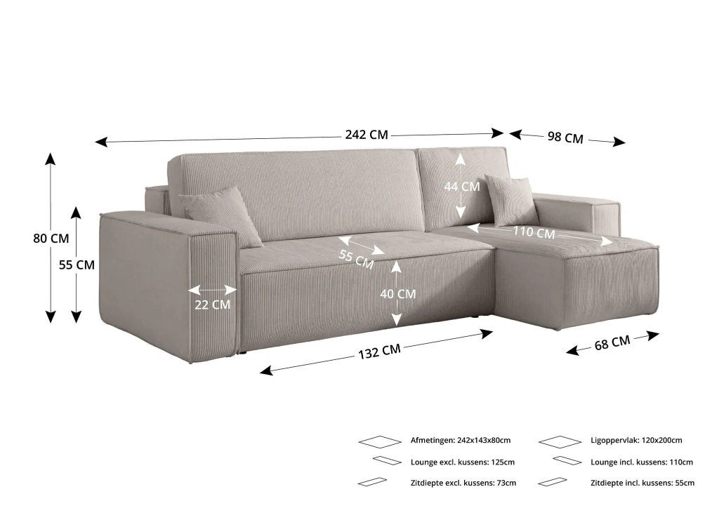 RETOURDEAL Hoekbank Velvet Taupe | Niet originele verpakking, Beige, Tweepersoons, Zo goed als nieuw, 200 cm