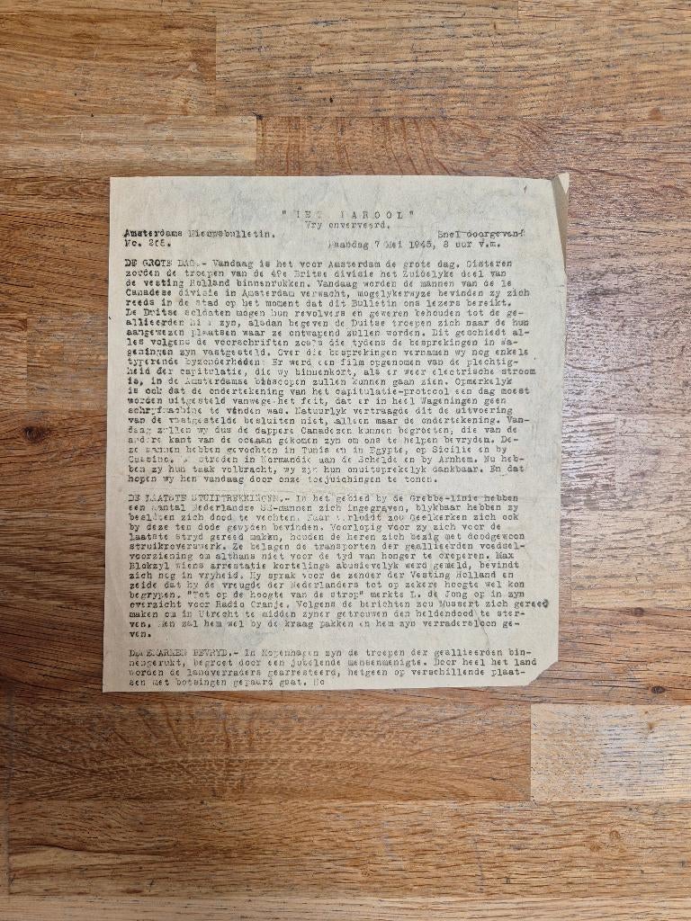 Wo2 illegale pers verzetskrant Het Parool, 7 mei 1945, Ophalen of Verzenden, Nederland, Boek of Tijdschrift