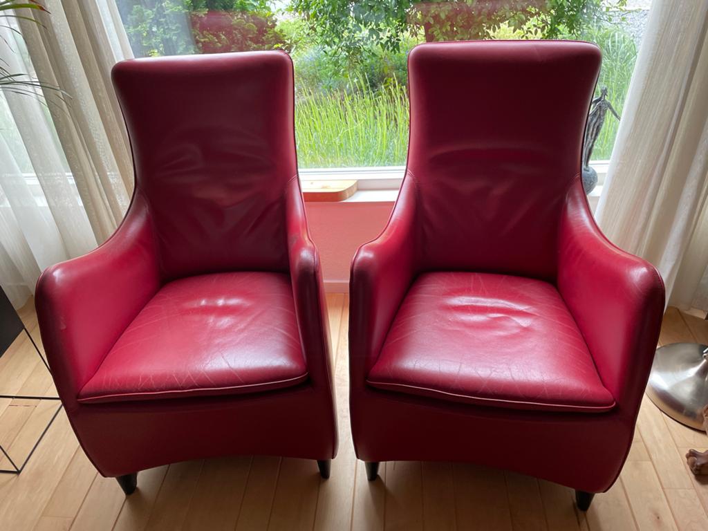 2x Wittmann fauteuils rood leer - Made in Austria, Ophalen, Gebruikt, Leer, 75 tot 100 cm