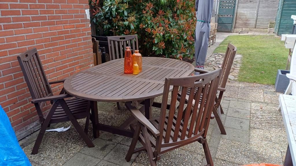 Teakhouten tuinset met ovale tafel en 4 verstelbare stoelen, Tuin en Terras, Ophalen