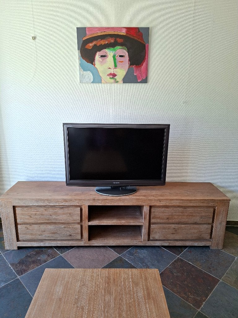 TV Dressoir massief hout acacia Sanders Meubelstad, Ophalen, Met plank(en), Gebruikt, 200 cm of meer
